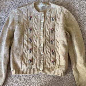 L.L. Bean Tan Cable Knit Cardigan with Floral Embroidery